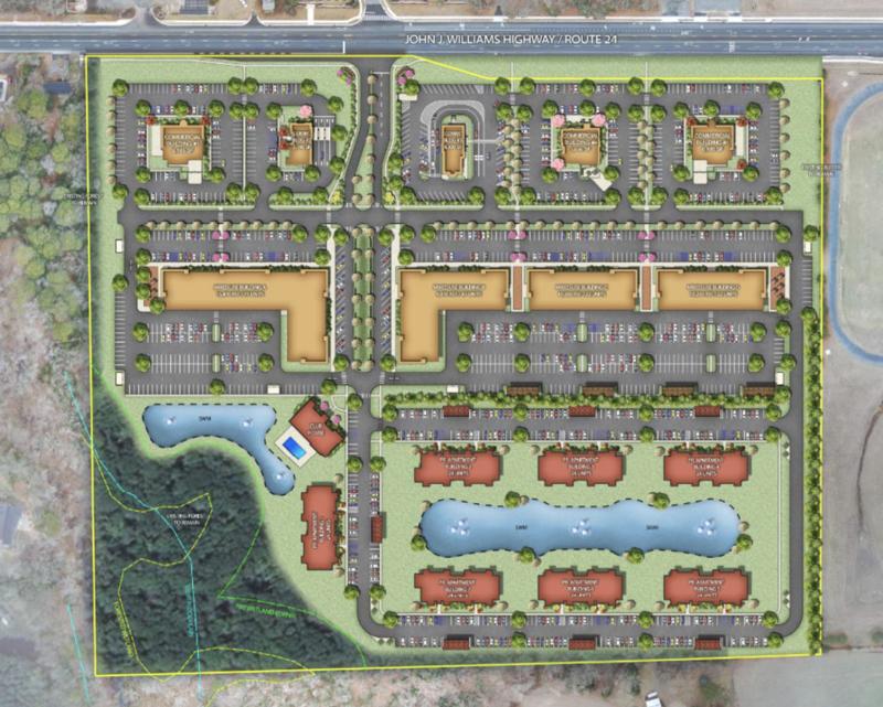 The Belle Mead preliminary site plan includes three sections of mixed-use commercial and apartments along Route 24 near Beacon Middle and Love Creek Elementary schools. BECKER MORGAN GRAPHIC